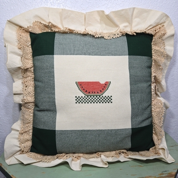 Watermelon Stitched Needlepoint Decirative Throw Pillow Vintage - Picture 1 of 5
